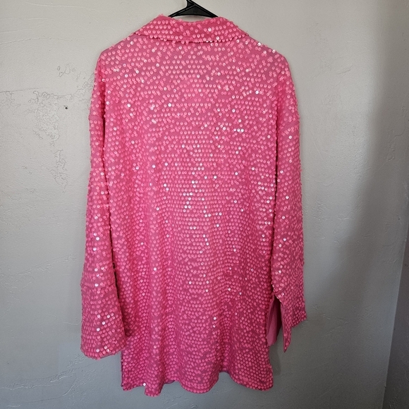 H&M Divided NWT Women's Medium Neon Pink Sequin Top Long Sleeve Button Front - Picture 7 of 7